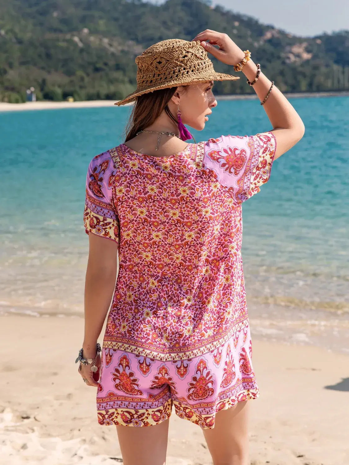 Printed V-Neck Short Sleeve Romper - Trendsi - Flyclothing LLC