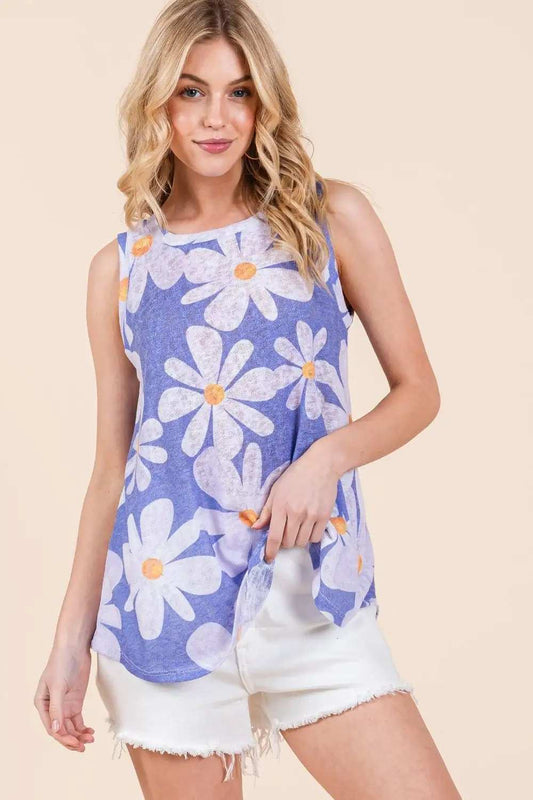 BOMBOM Floral Round Neck Tank - Trendsi - Flyclothing LLC