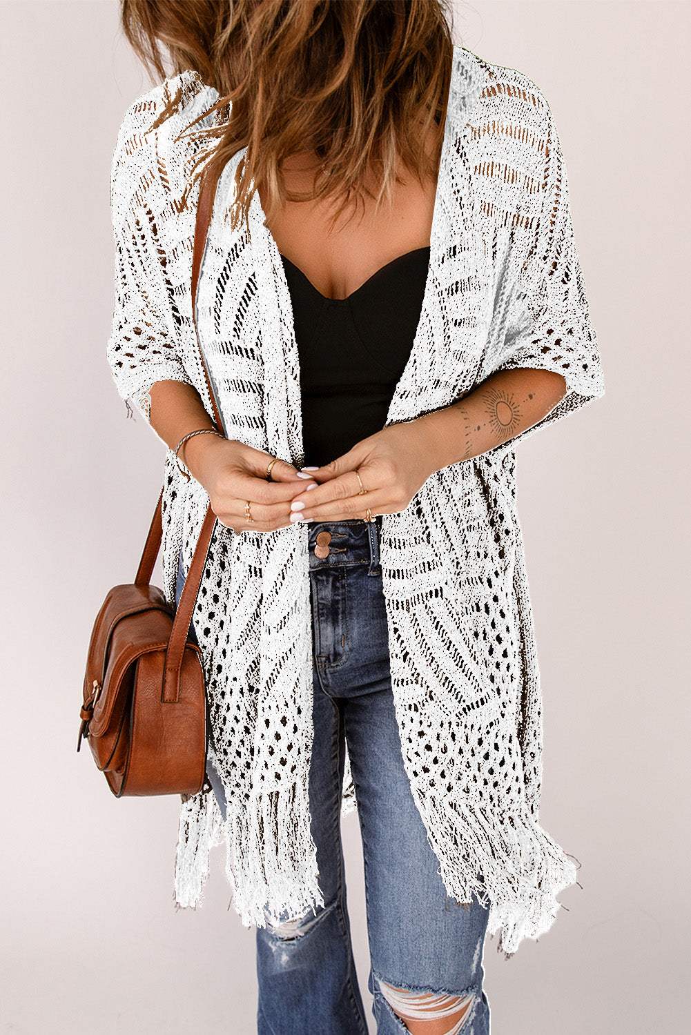 Openwork Open Front Cardigan with Fringes - Trendsi - Flyclothing LLC