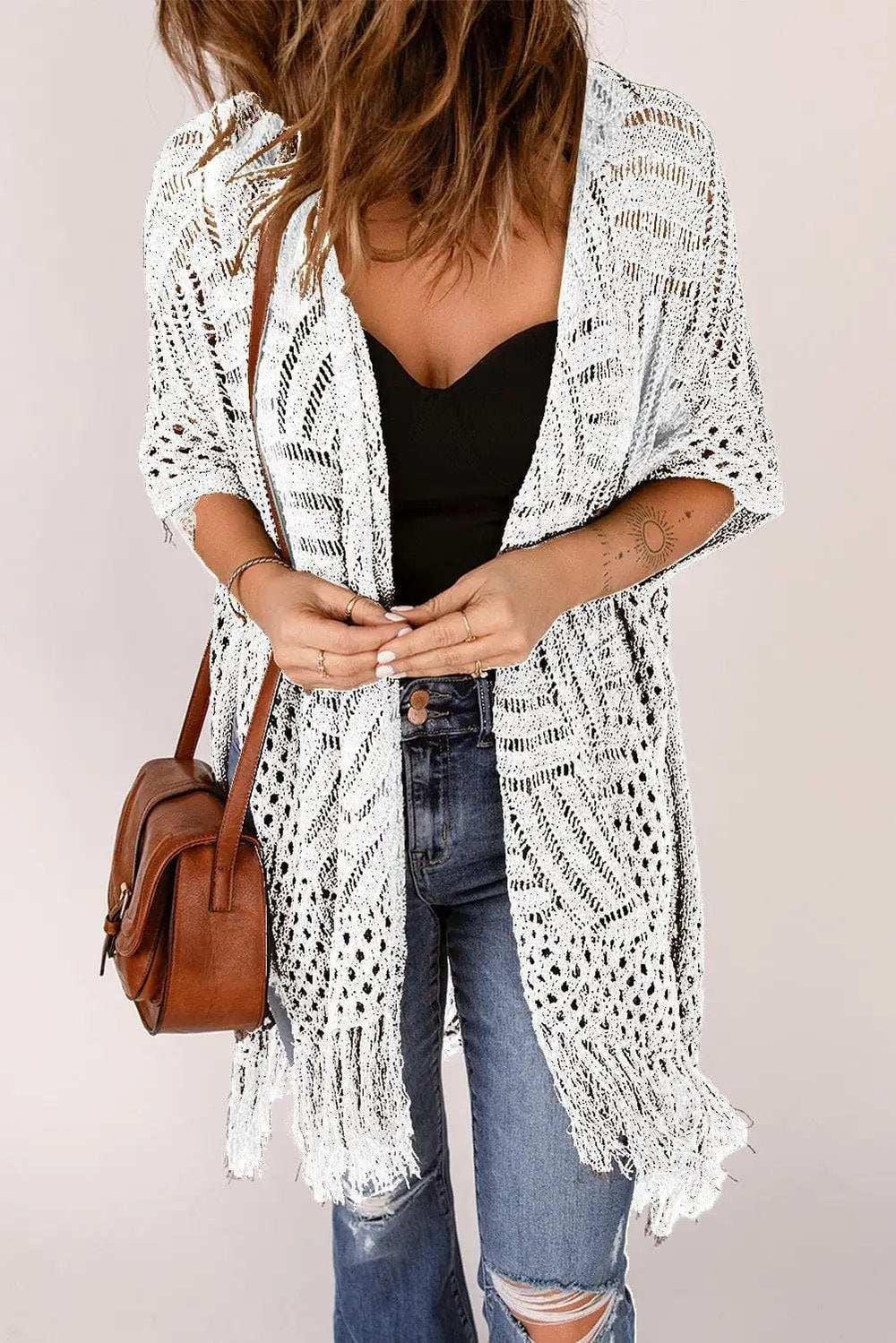 Openwork Open Front Cardigan with Fringes - Trendsi - Flyclothing LLC