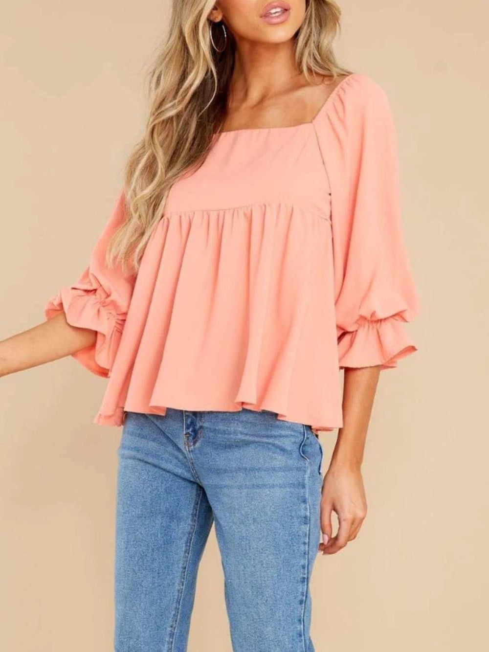 Smocked Square Neck Flounce Sleeve Blouse - Trendsi - Flyclothing LLC