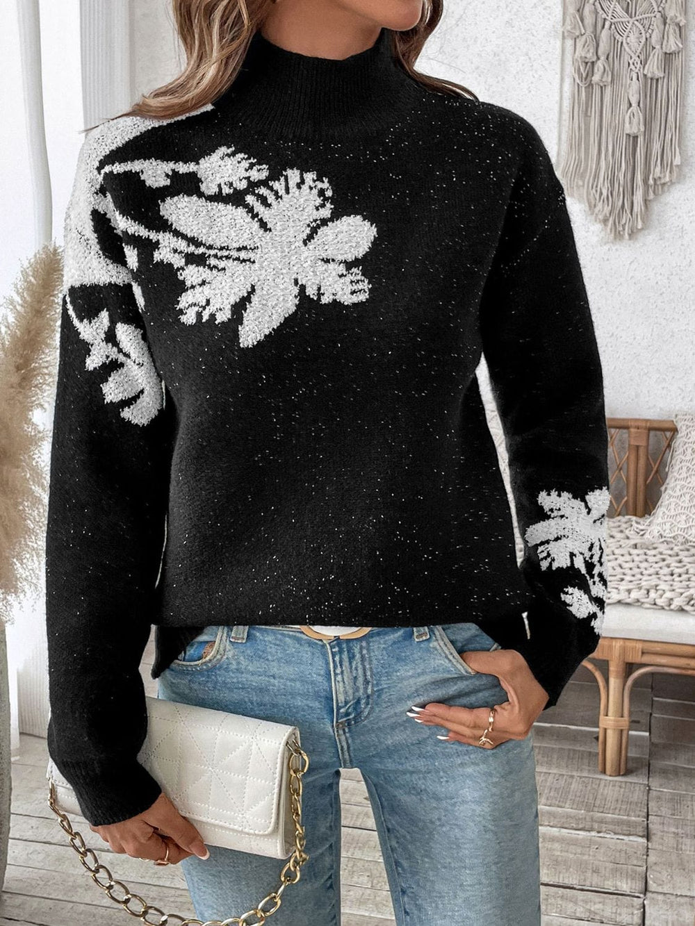Perfee Flower Mock Neck Long Sleeve Sweater - Trendsi