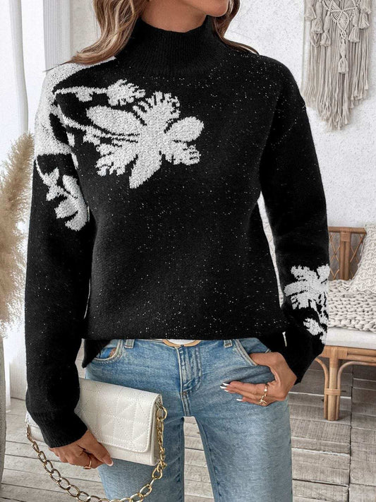 Perfee Flower Mock Neck Long Sleeve Sweater - Trendsi - Flyclothing LLC