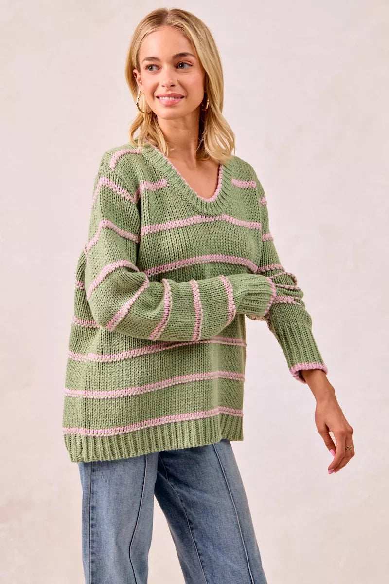 BiBi Striped Long Sleeve Sweater - Trendsi - Flyclothing LLC