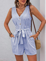 Perfee Striped V-Neck Tie Waist Romper - Trendsi - Flyclothing LLC