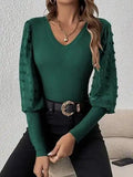 Swiss Dot V-Neck Long Sleeve Top - Trendsi