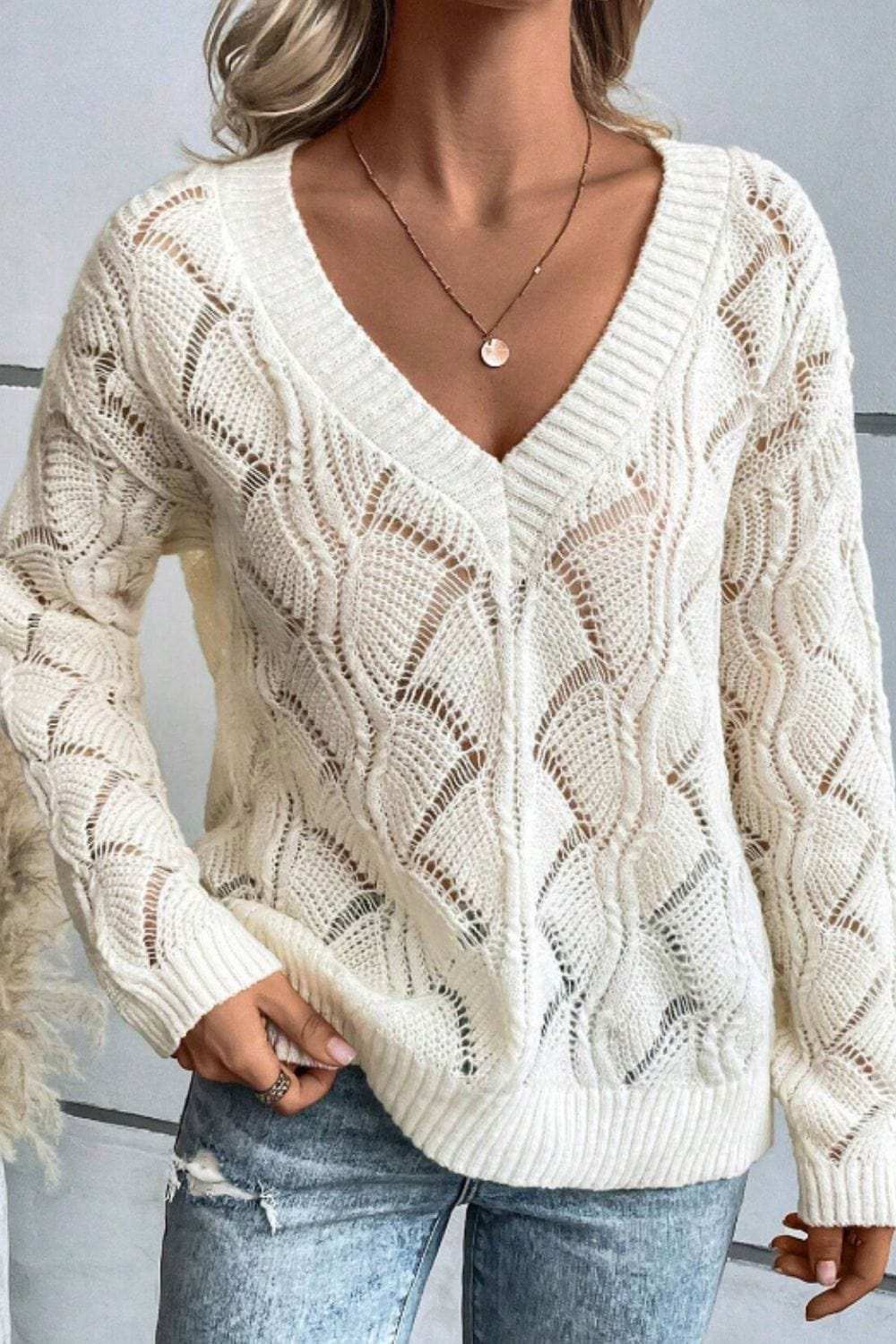Openwork V-Neck Long Sleeve Sweater - Trendsi - Flyclothing LLC