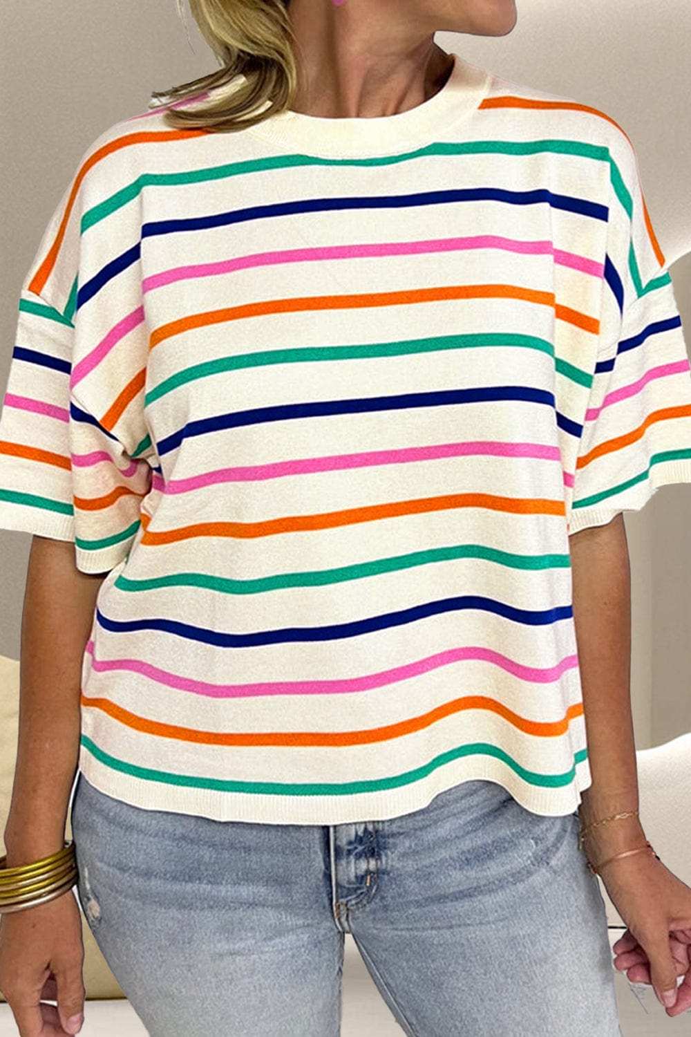 Striped Round Neck Half Sleeve Knit Top - Trendsi - Flyclothing LLC