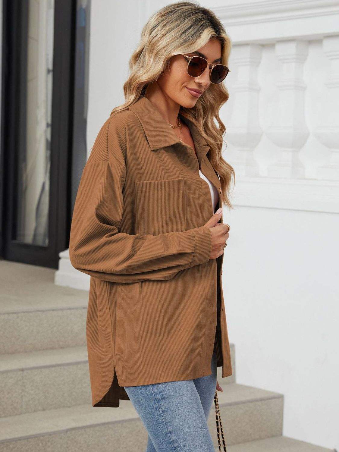 Button Up Dropped Shoulder Long Sleeve Outerwear - Trendsi - Flyclothing LLC