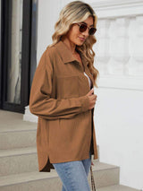 Button Up Dropped Shoulder Long Sleeve Outerwear - Trendsi - Flyclothing LLC