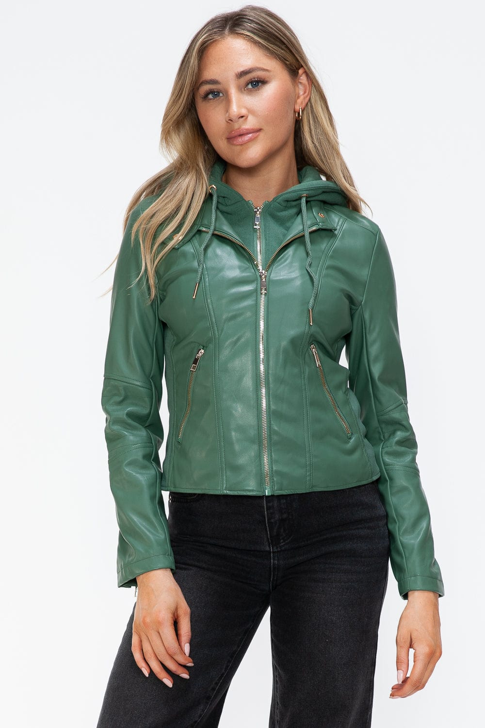 Snobbish Faux Leather Zip Up Drawstring Hooded Jacket - Trendsi