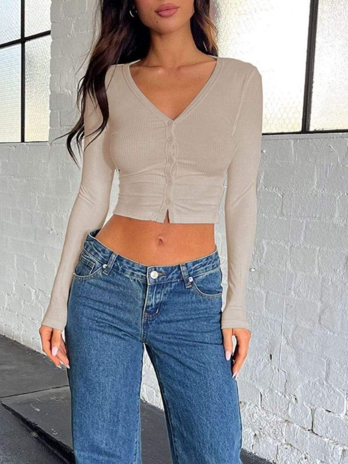 Buttoned V-Neck Long Sleeve T-Shirt - Trendsi - Flyclothing LLC