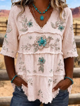 Full Size Floral Raw Hem V-Neck Blouse Plus Size - Trendsi - Flyclothing LLC