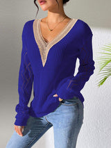 Openwork V-Neck Long Sleeve Sweater - Trendsi - Flyclothing LLC