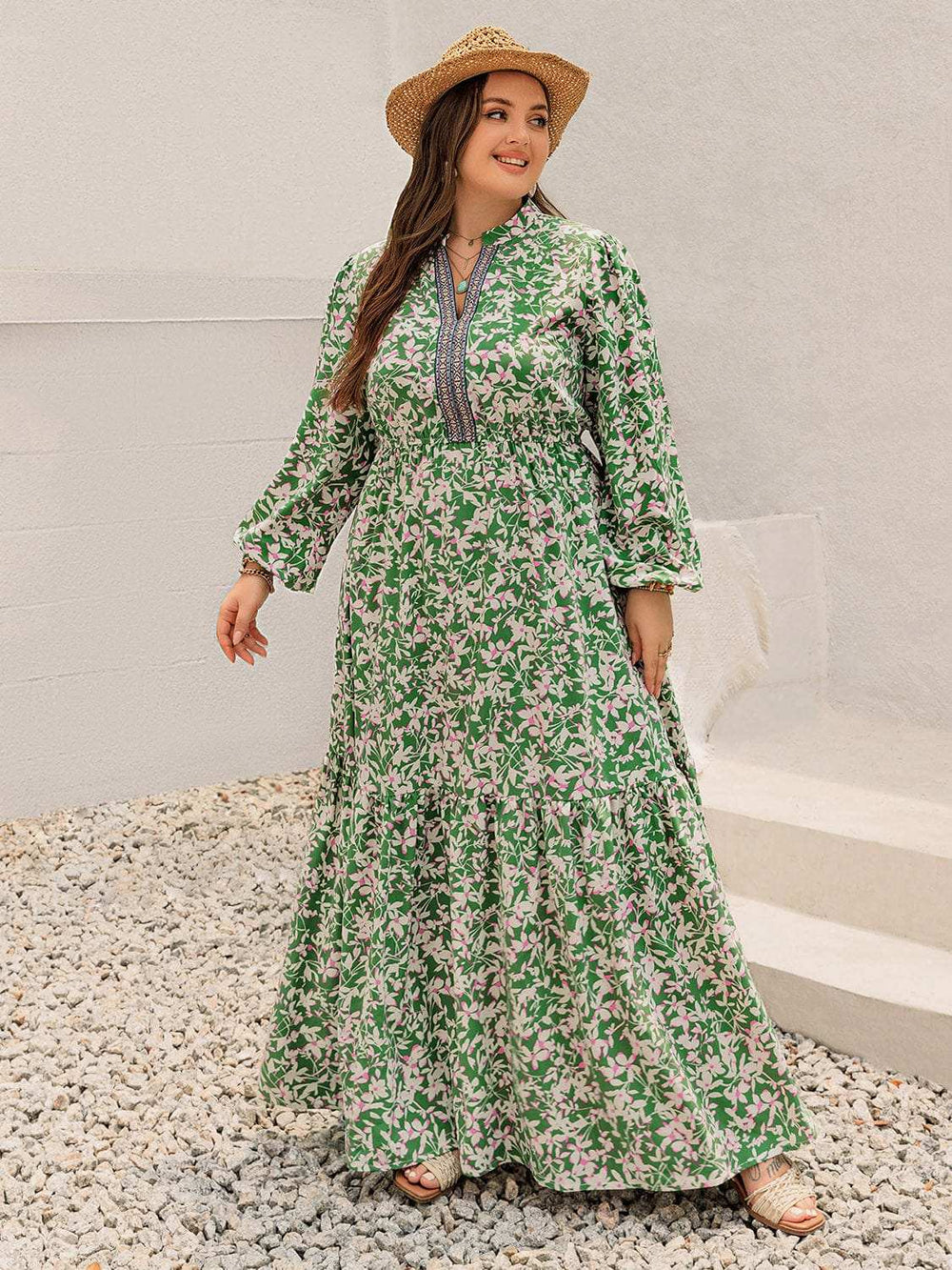 Plus Size Printed Notched Long Sleeve Maxi Dress - Trendsi - Flyclothing LLC