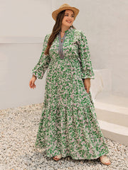 Plus Size Printed Notched Long Sleeve Maxi Dress - Trendsi