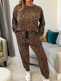 Striped Trim Leopard Long Sleeve Top Drawstring Pant Set - Trendsi - Flyclothing LLC
