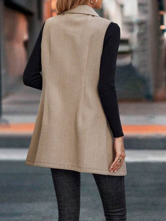 Buttoned Collared Neck Longline Vest Coat - Trendsi