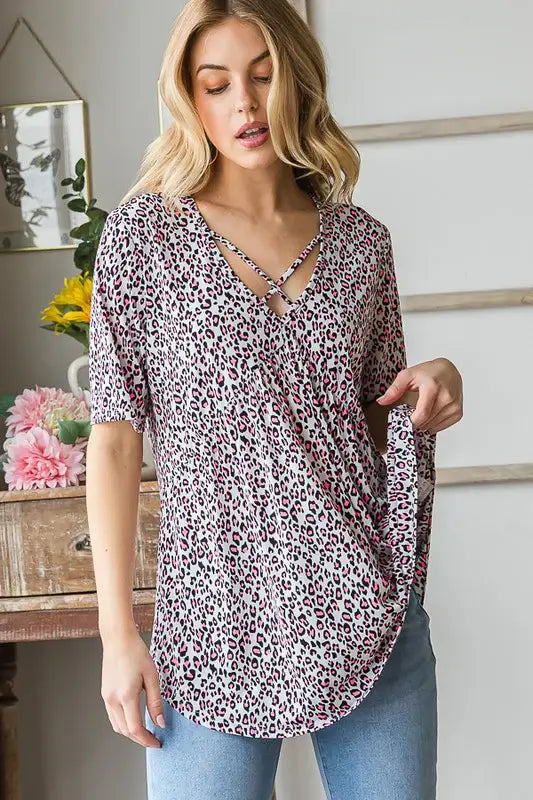 Heimish Full Size Short Sleeve Crisscross Animal Babydoll Top Plus Size - Trendsi - Flyclothing LLC