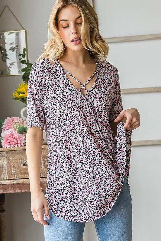 Heimish Full Size Short Sleeve Crisscross Animal Babydoll Top Plus Size - Trendsi - Flyclothing LLC