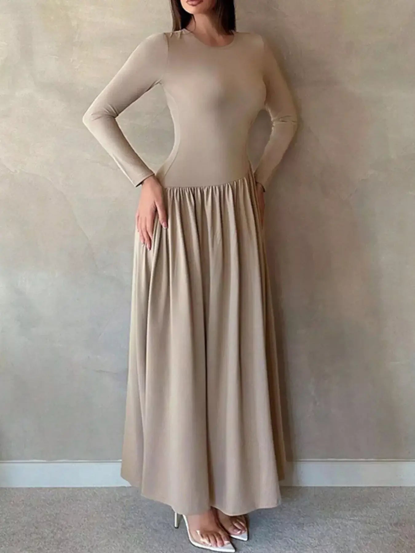 Long Sleeve Ruched A-Line Maxi Dress - Trendsi - Flyclothing LLC