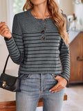 Lovelet Quarter Button Striped Round Neck Long Sleeve T-Shirt - Trendsi - Flyclothing LLC
