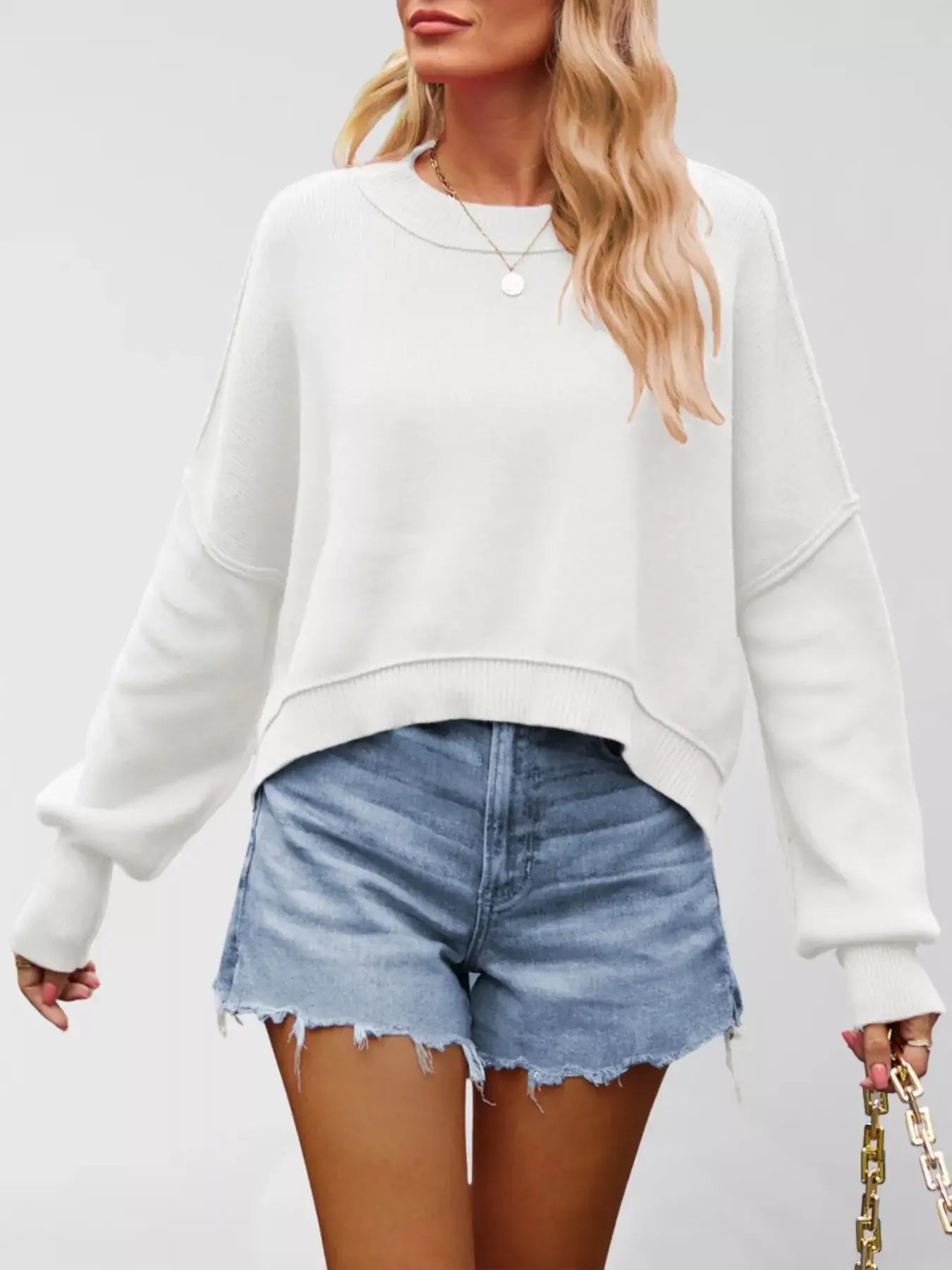 Round Neck Dropped Shoulder Sweater - Trendsi - Flyclothing LLC