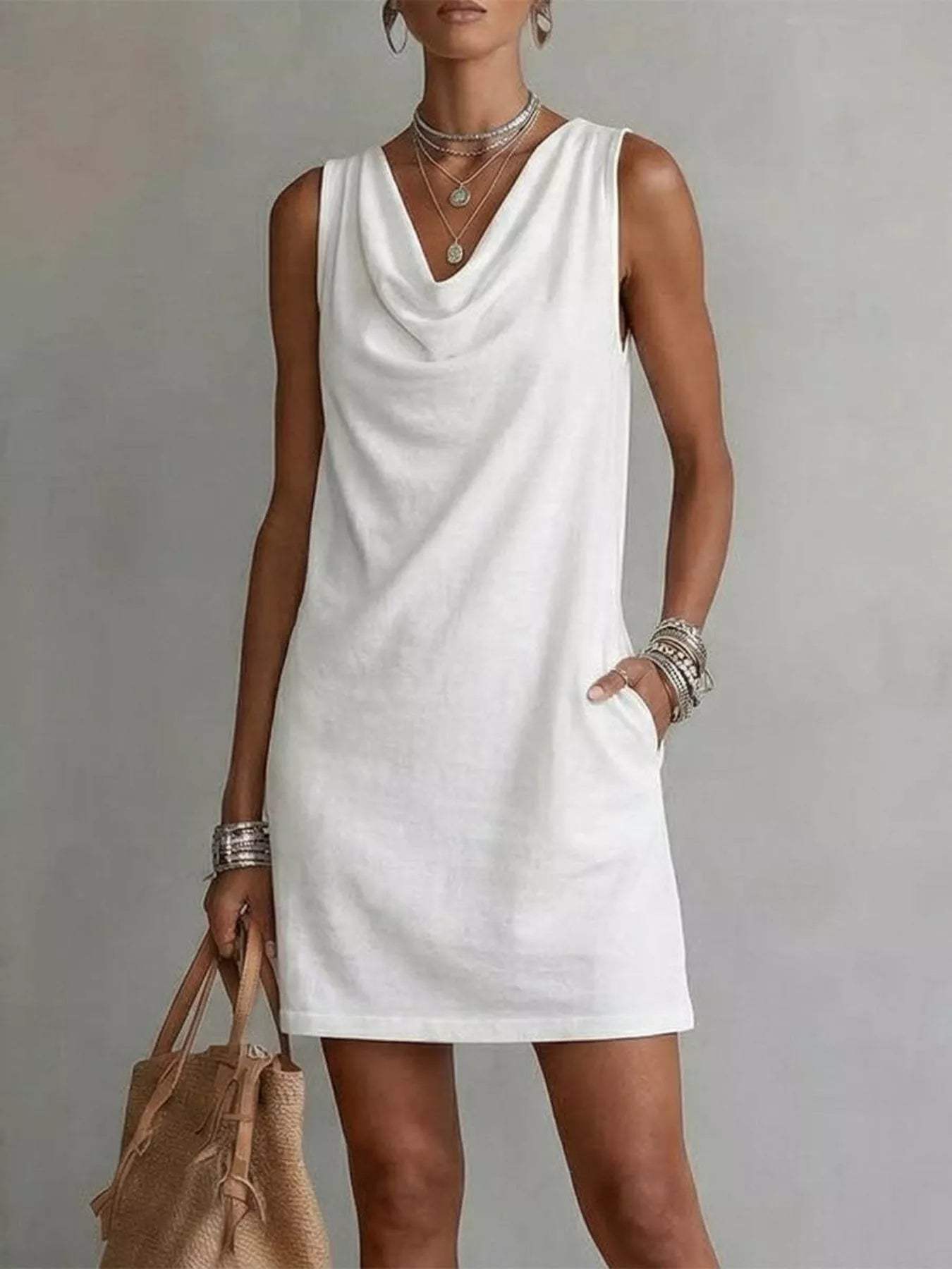 Casual Sleeveless Cowl Neck Mini Dress - Trendsi - Flyclothing LLC
