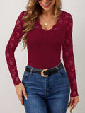 Lace Wavy Hem V-Neck Long Sleeve Top - Trendsi - Flyclothing LLC