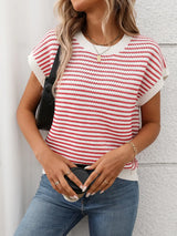 Striped Round Neck Short Sleeve Knit Top - Trendsi - Flyclothing LLC