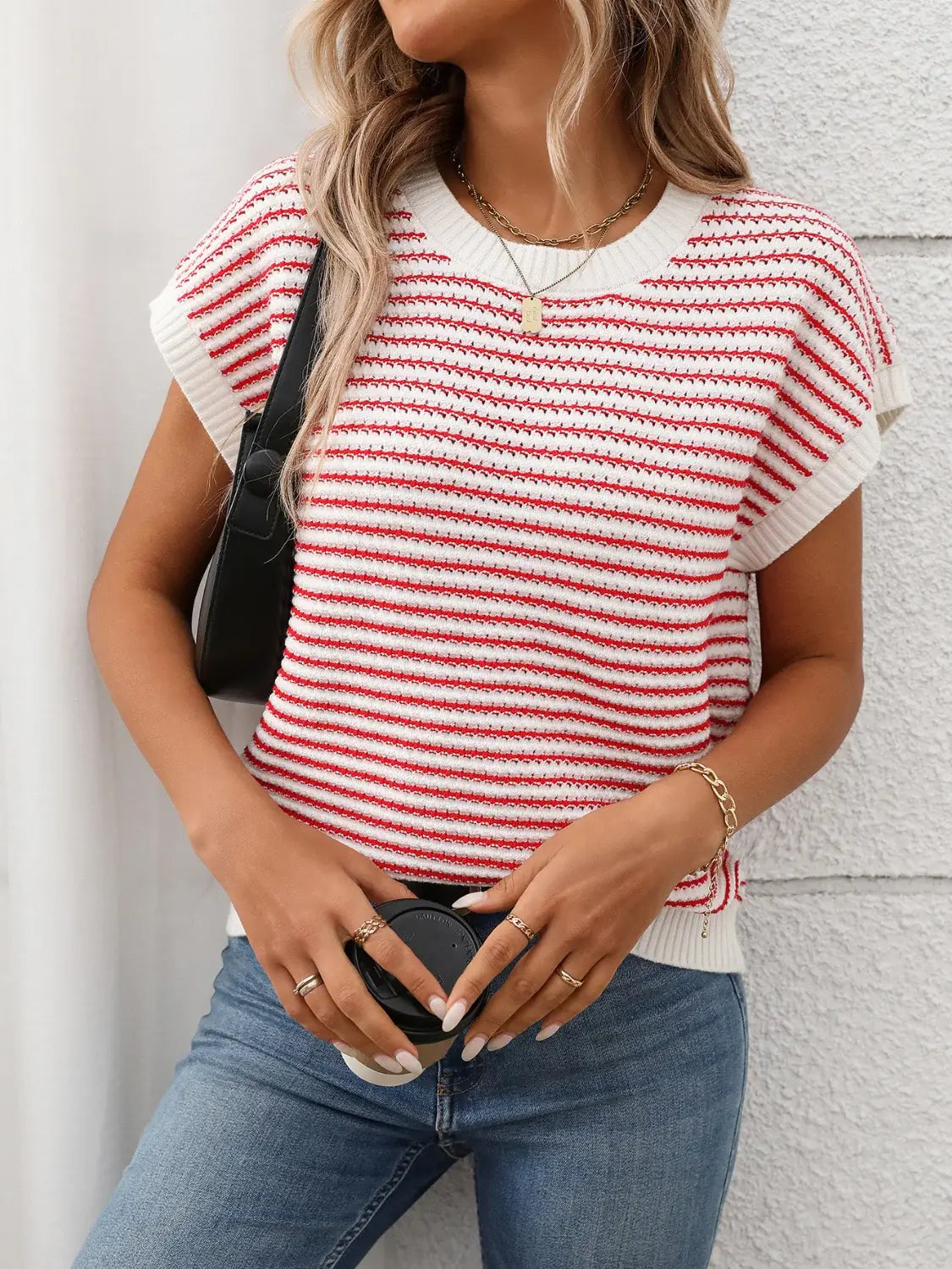 Striped Round Neck Short Sleeve Knit Top - Trendsi - Flyclothing LLC