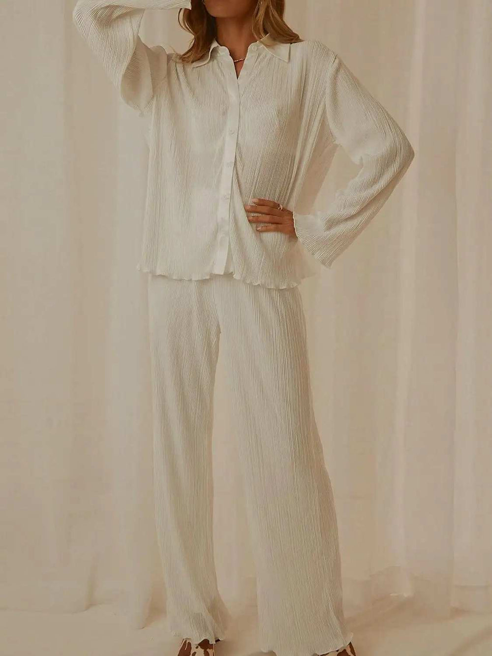Collared Neck Long Sleeve Top and Pants Lounge Set - Trendsi - Flyclothing LLC