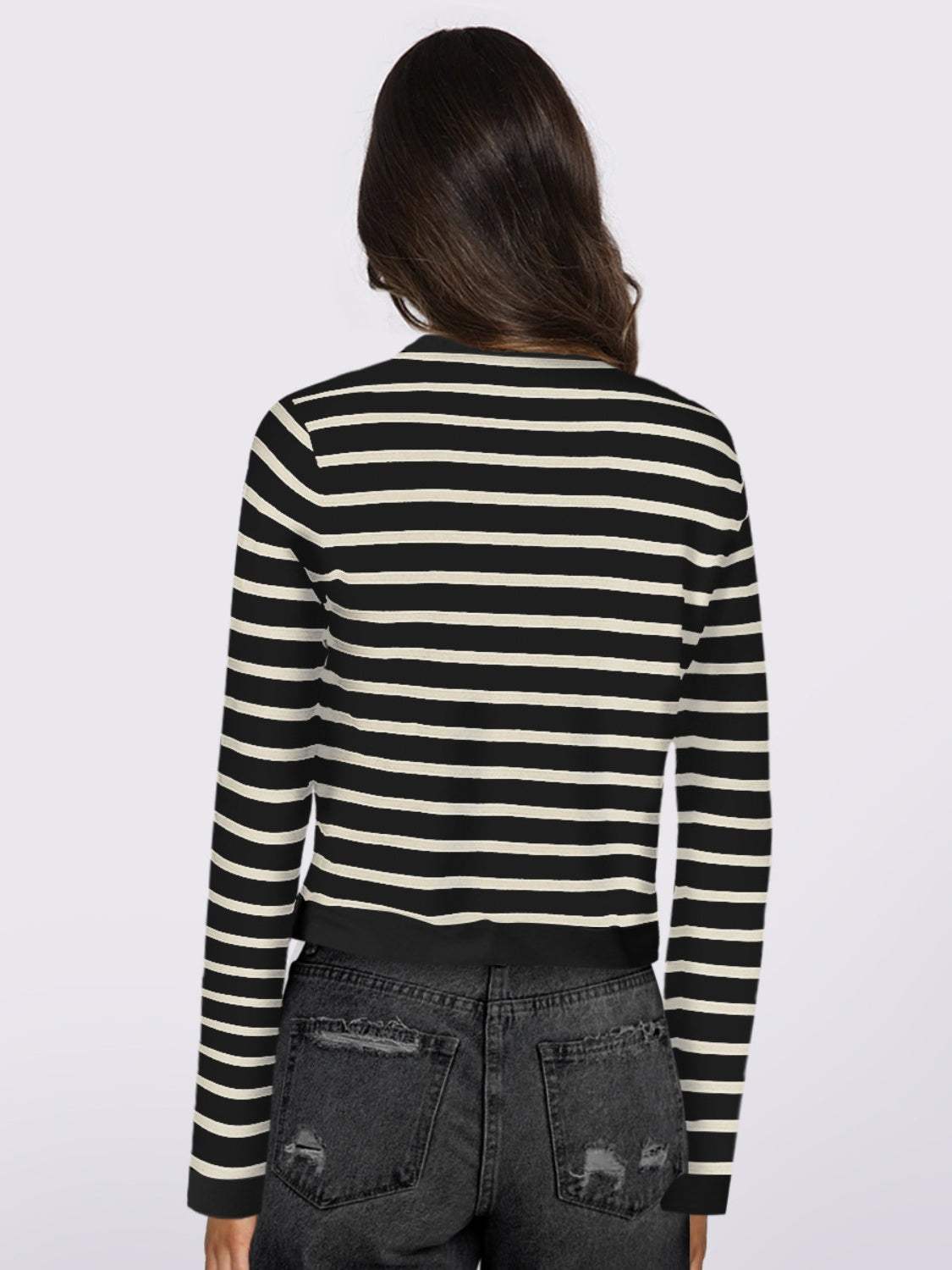 Striped Round Neck Button Up Long Sleeve Cardigan - Trendsi - Flyclothing LLC