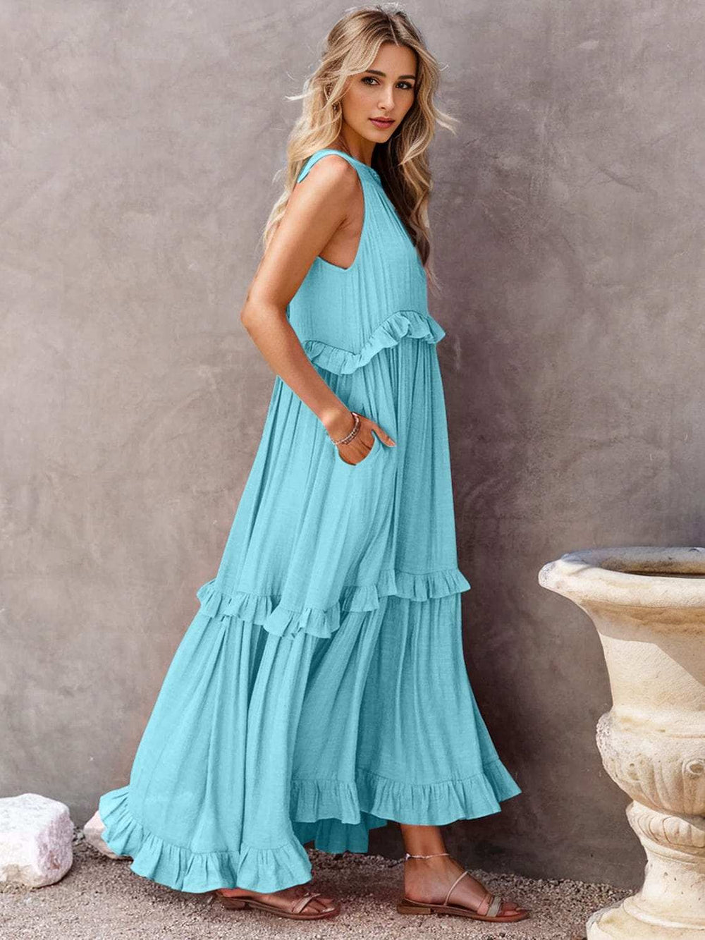 Ruffled Sleeveless Tiered Maxi Dress with Pockets - Trendsi - Flyclothing LLC