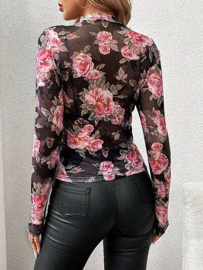 Mesh Floral Mock Neck Long Sleeve Top - Trendsi - Flyclothing LLC