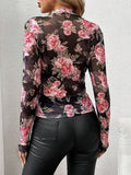 Mesh Floral Mock Neck Long Sleeve Top - Trendsi