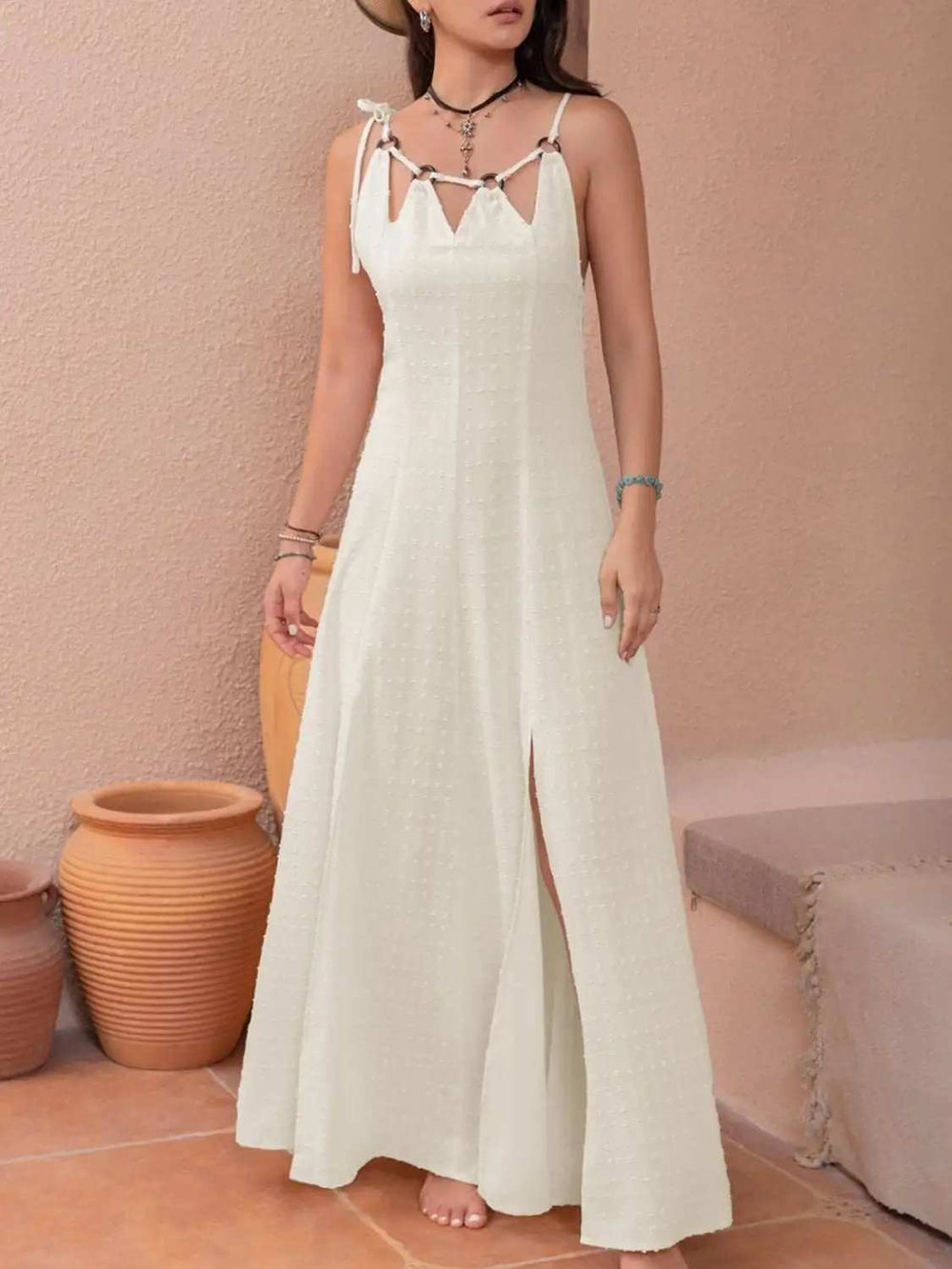 Swiss Dot Cutout Sleeveless Maxi Dress - Trendsi - Flyclothing LLC