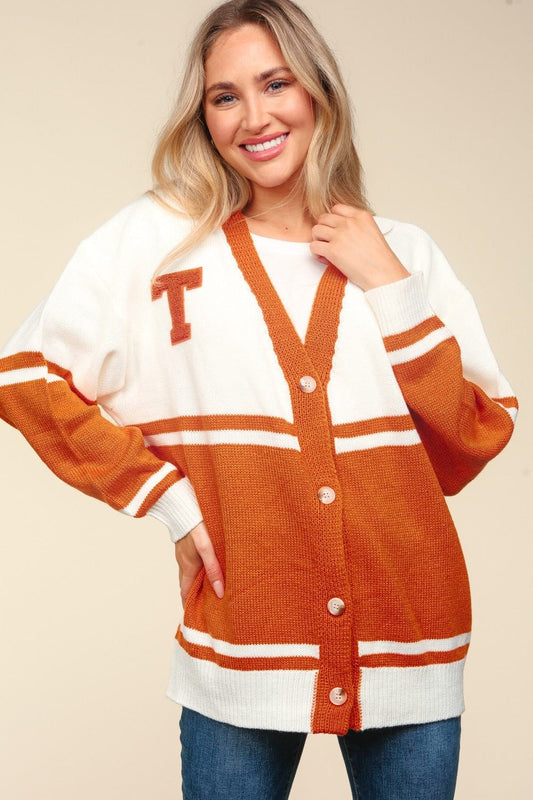 Haptics Full Size V Neck Button Down Letter Patch Cardigan - Trendsi
