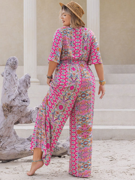 Plus Size Printed Half Sleeve Wide Leg Jumpsuit - Trendsi