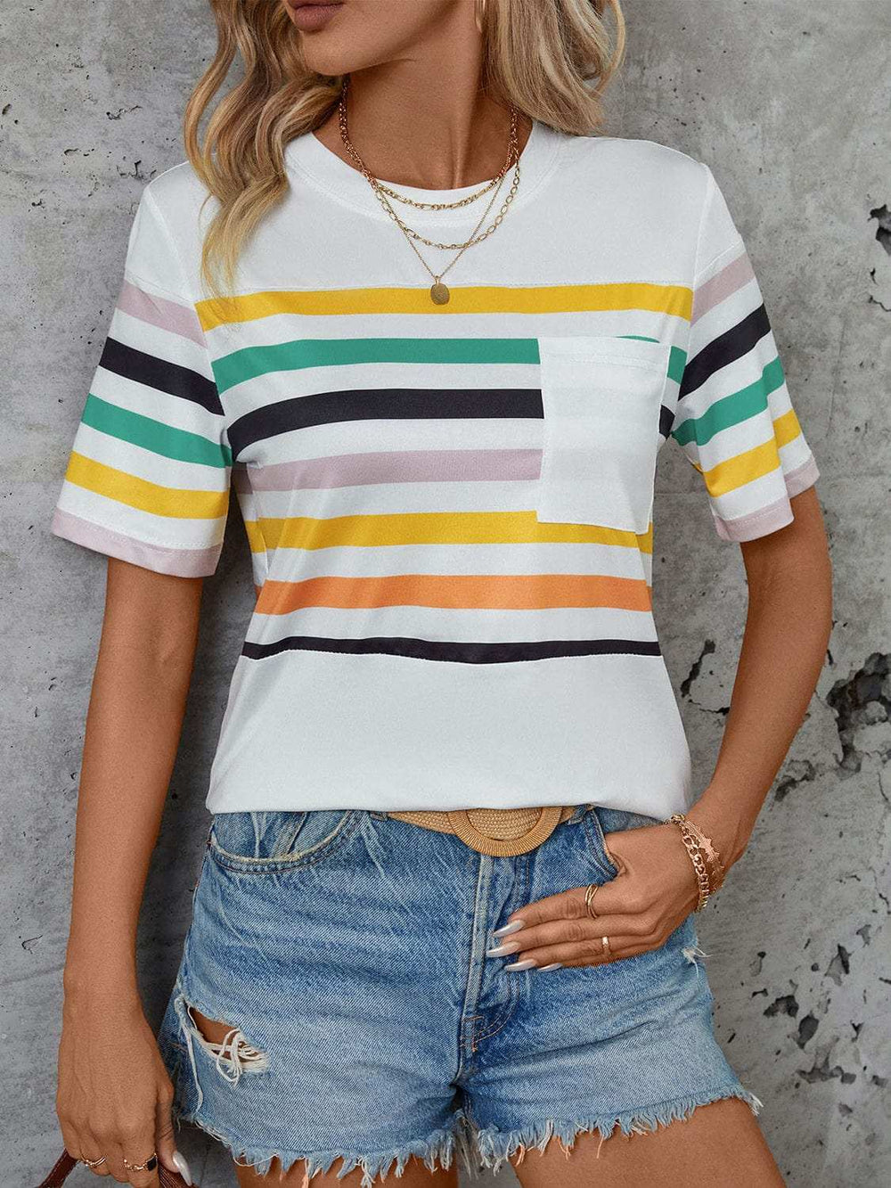 Striped Round Neck Short Sleeve T-Shirt - Trendsi - Flyclothing LLC