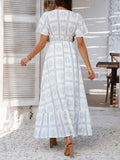 Devine Smocked Printed V-Neck Short Sleeve Maxi Dress - Trendsi - Flyclothing LLC