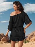 Drawstring One Shoulder Three-Quarter Sleeve Mini Dress - Trendsi - Flyclothing LLC