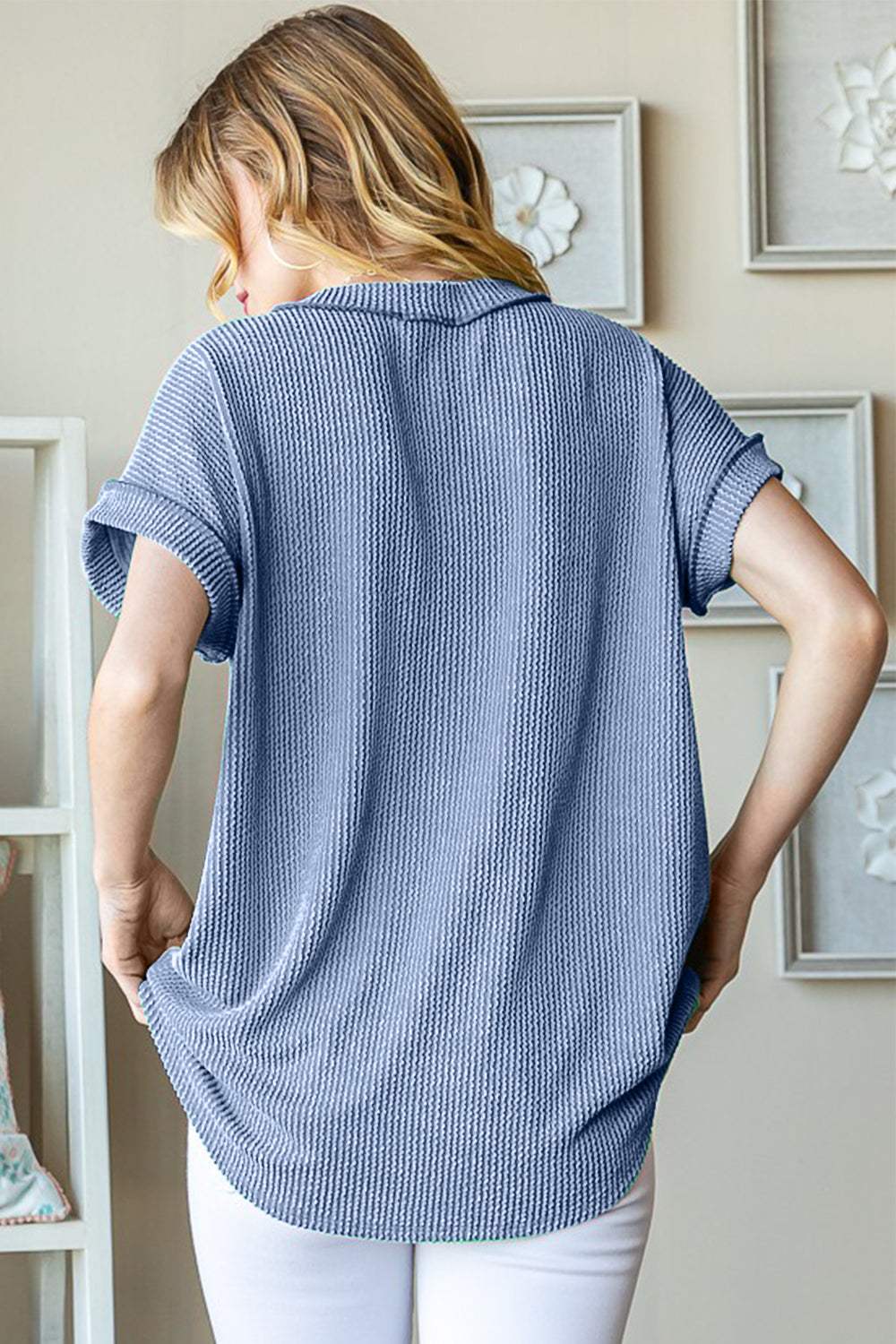 Heimish Full Size Front Pocket Short Sleeve Ribbed Top - Trendsi - Flyclothing LLC