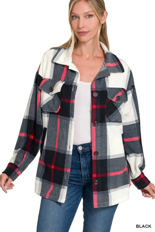 Zenana Oversized Plaid Fleece Shacket - Trendsi - Flyclothing LLC