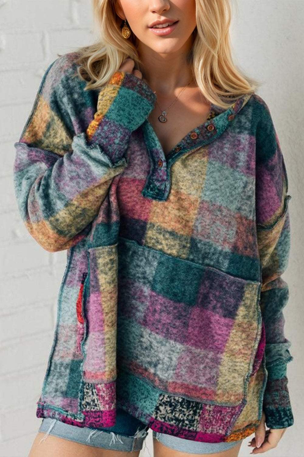 Double Take Full Size Half Button Thumbhole Long Sleeve Hoodie - Trendsi - Flyclothing LLC