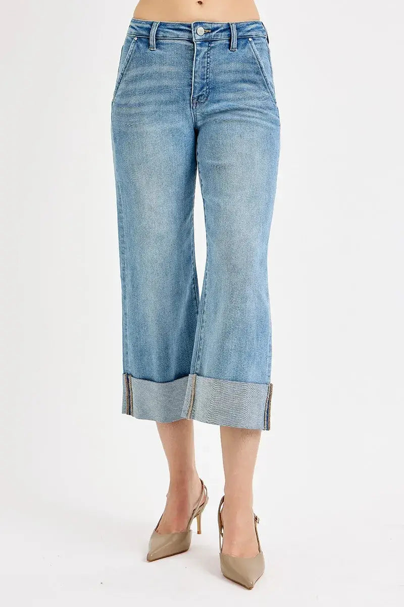 RISEN Full Size Tummy Control High Rise Ankle Wide Cuffed Jeans Plus Size - Trendsi - Flyclothing LLC