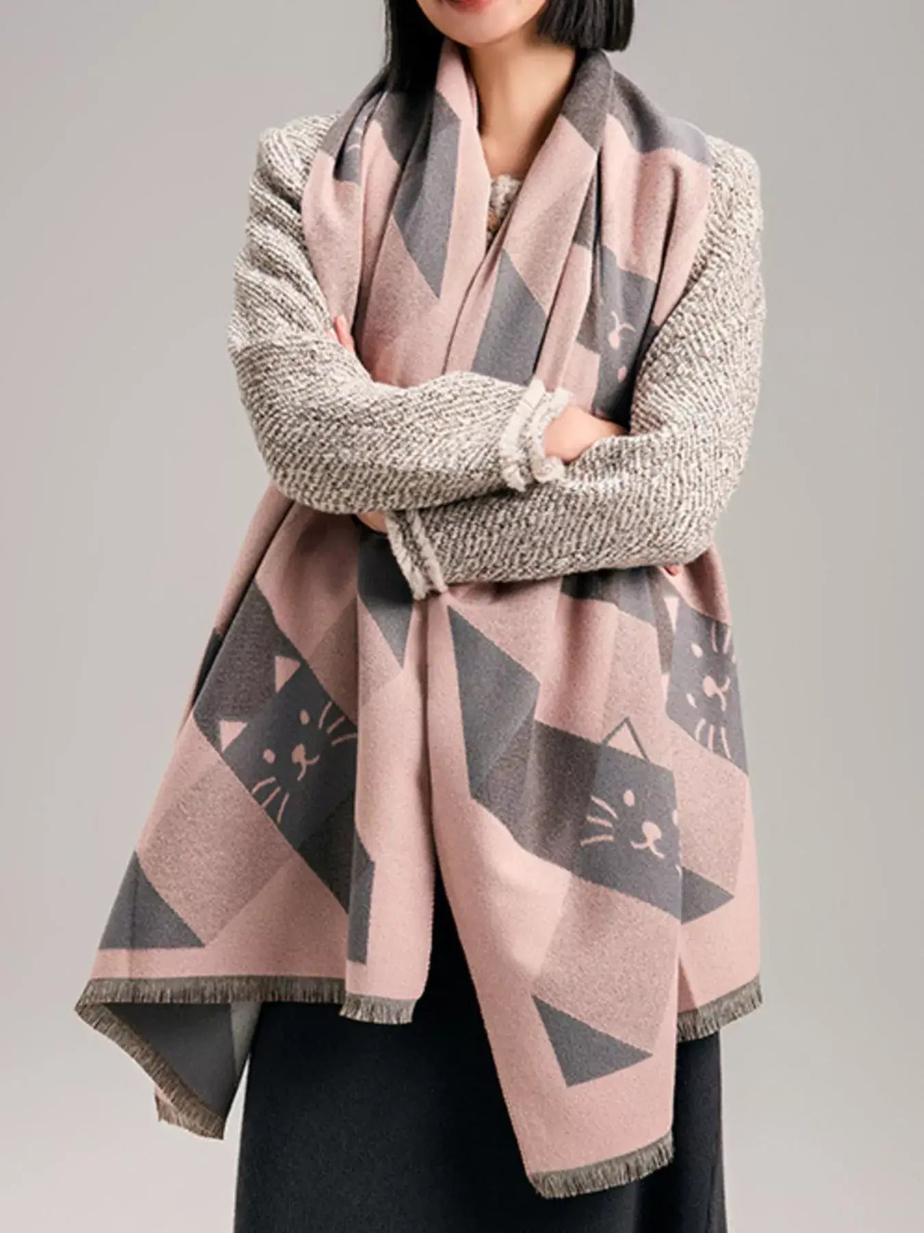 Cute Cat Pattern Plaid Raw Hem Scarf - Trendsi - Flyclothing LLC