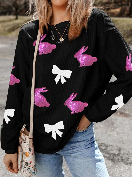Sequin Bunny Bow Easter Corded Rib Sweatshirt - Trendsi - Flyclothing LLC