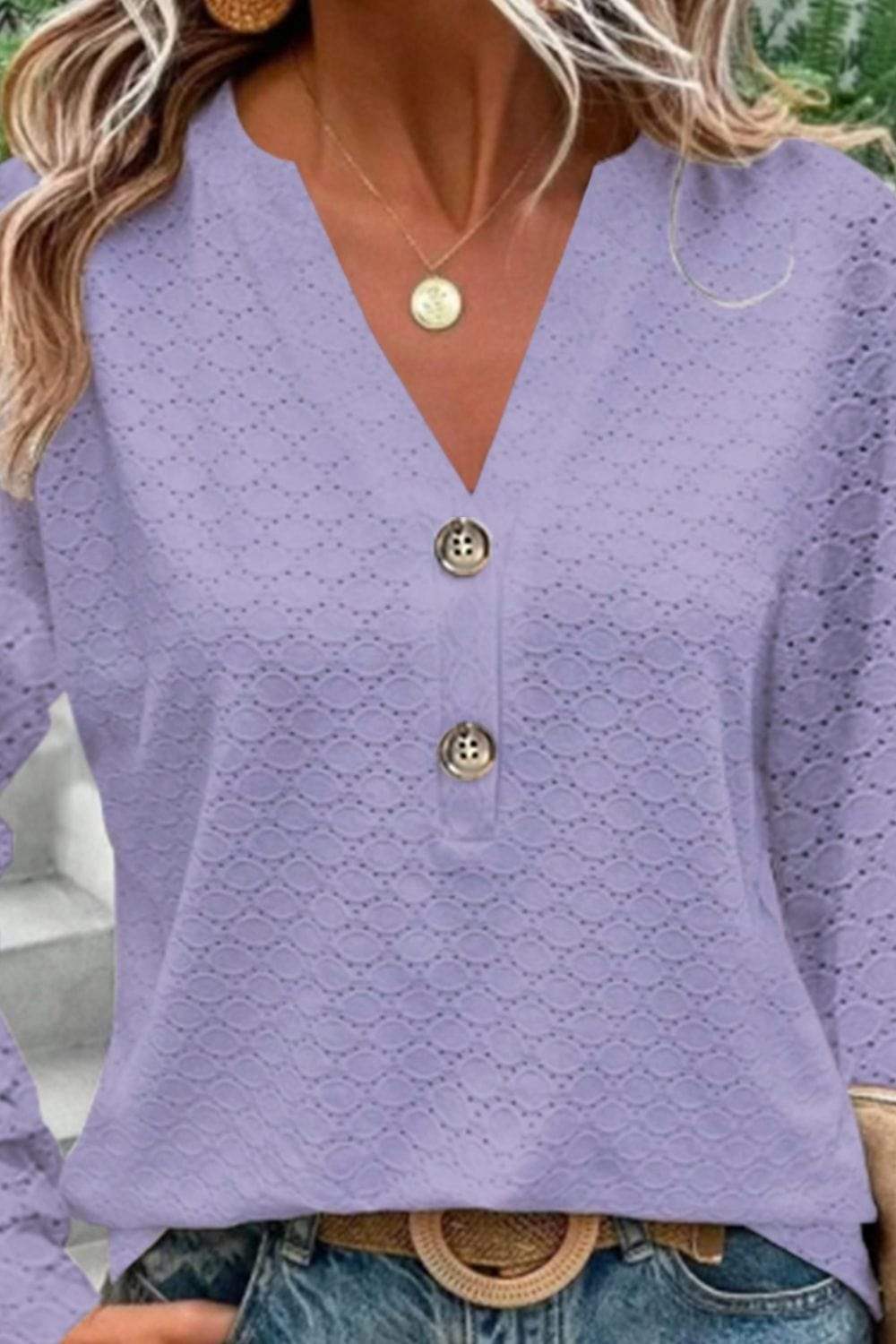 Eyelet Notched Long Sleeve T-Shirt - Trendsi - Flyclothing LLC