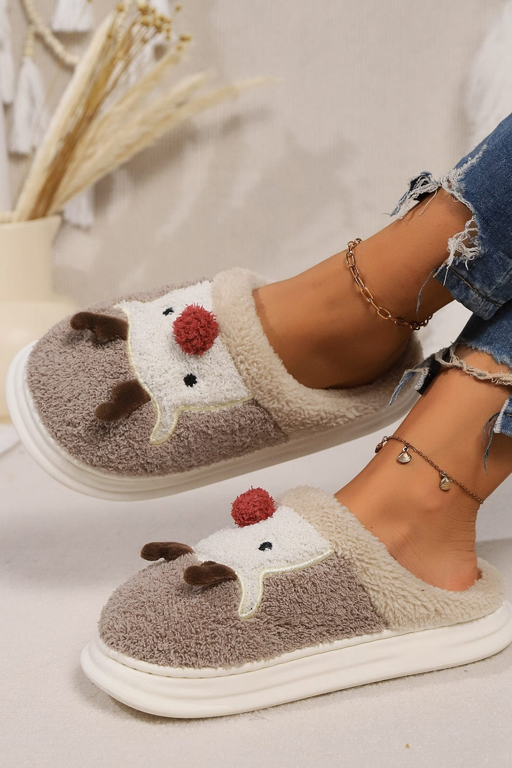 Elk Furry PVC Flat Slippers - Trendsi